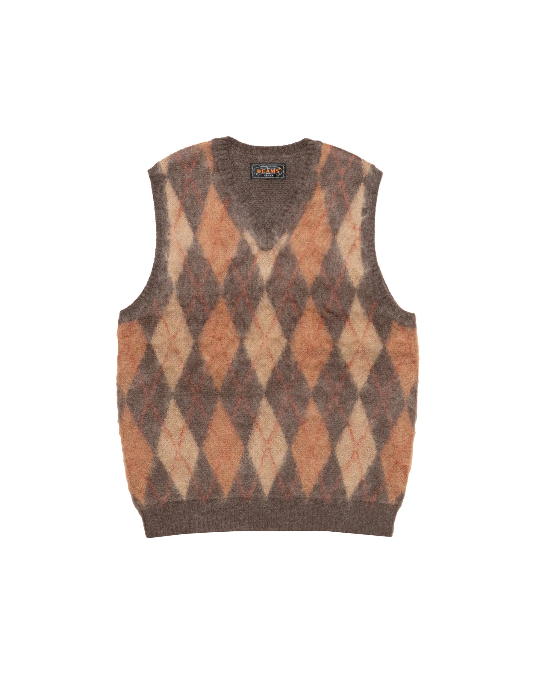 Beams+ Knit Vest Double Jacquard Argyle Pattern Mohair
